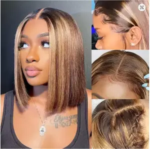Highlight Bob Wig P4/27 Human Hair Upgrade Brazilian Hair 12 Inch 13x4 HD Transparent Lace Front Wigs Human Hair Glueless Pre Plucked Short Straight Bob Wigs for Women