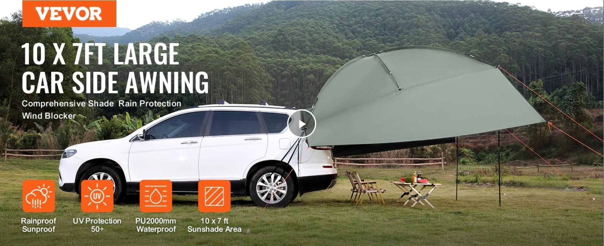 VEVOR Vehicle Awning, TikTokShopBlackFriday, Large 10' x 7' Shade Coverage Car Side Awning, PU2000mm UV50+ Car Awning with Extended Side Canopies and Portable Storage Bag, Suitable for Truck, SUV, Van, Campers
