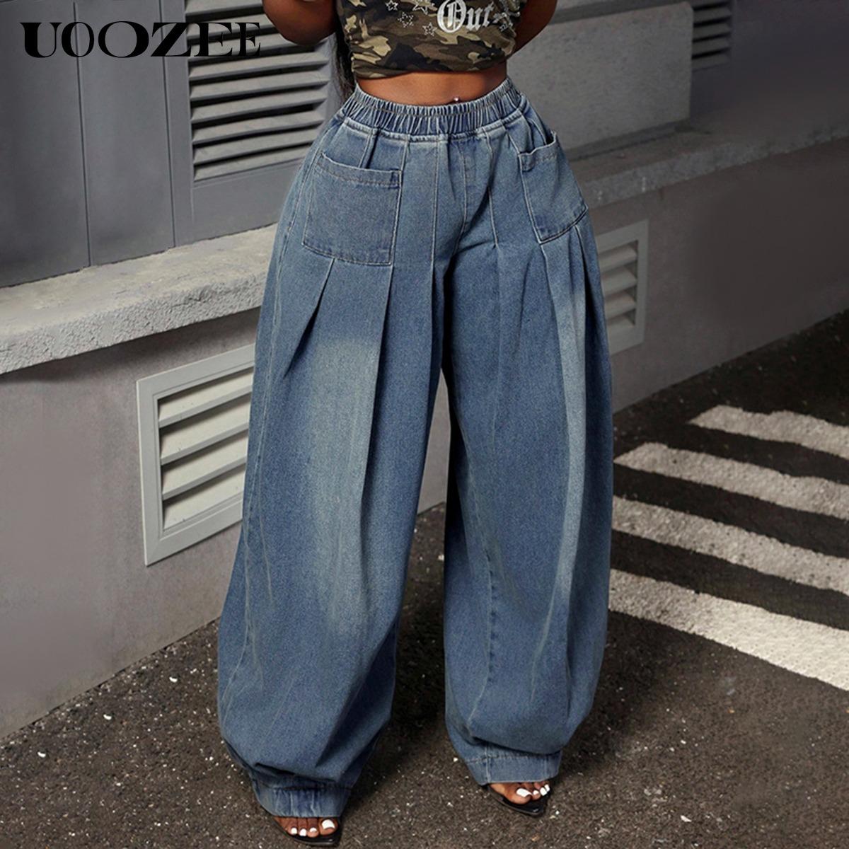 UOOZEE Women's Spring Autumn Boyfriend Style Retro Jeans Solid Color Oversized Loose Pleated Pockets Elasticity High Waist Lady Jean Pants Bottoms(Fits Larger at Waist - Check Size Guide or OrderOne Size Down) Casual stacked jeans baggy jeans