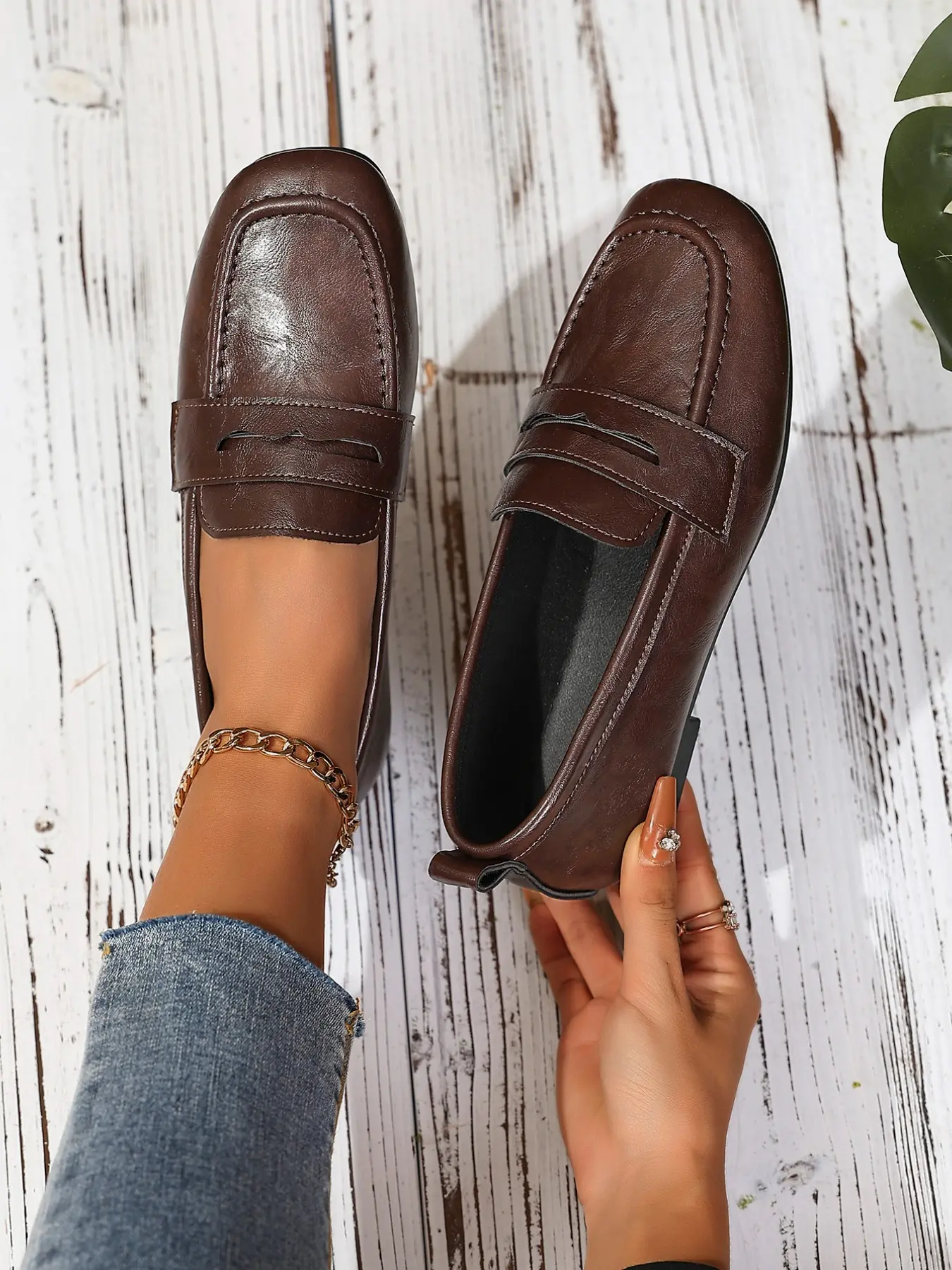Vintage Versatile Low-Heel Penny Loafer Flats, Daily Commute Slip-On Round Toe Leather Shoes, Casual Comfortable Women's Flat Shoes, Casual Flat Footwear, PU Leather Shoe