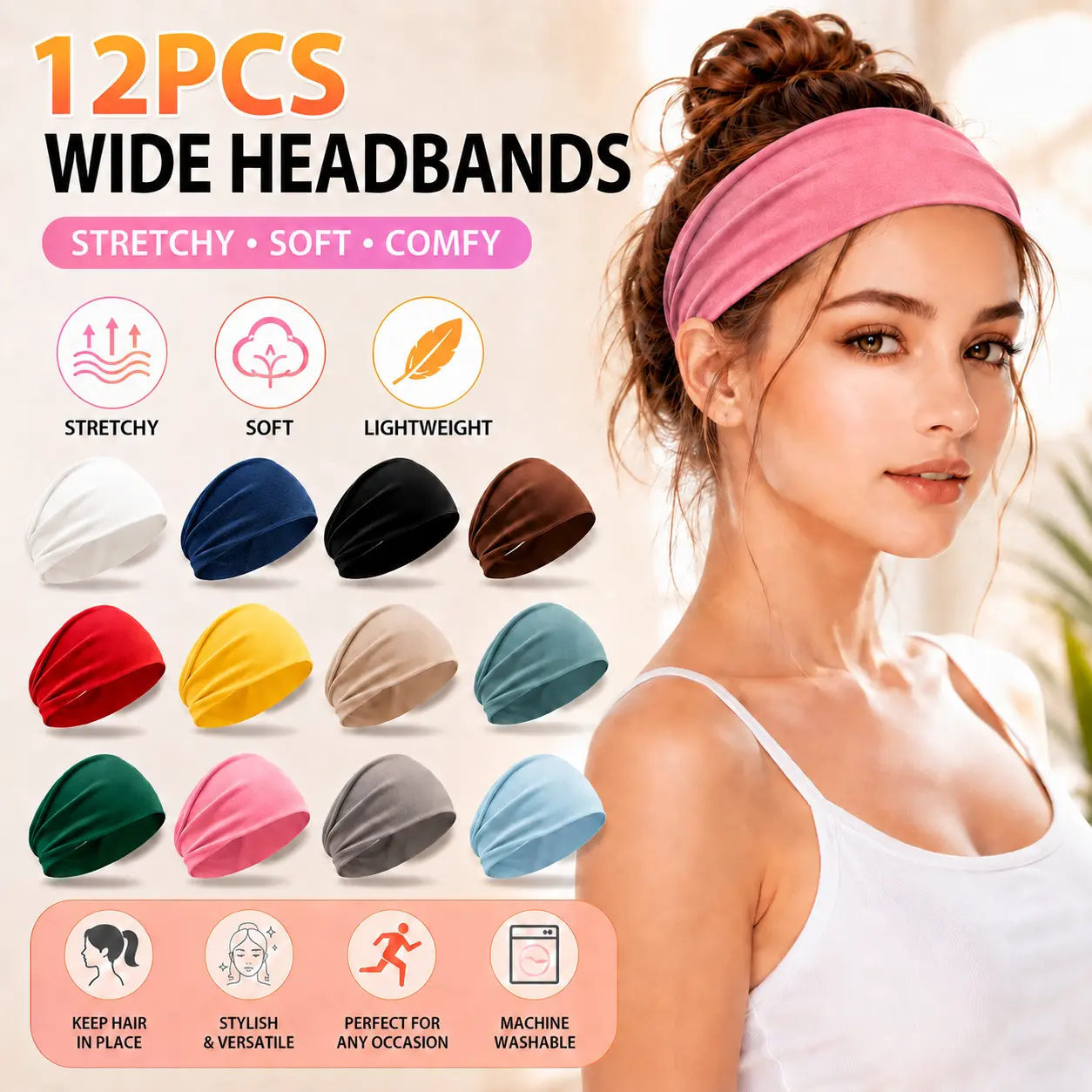 Women's Universal 12-Pack No-Slip Elastic Fashion Headband Set, Polypropylene Sports Headbands for Workout & Daily Use, Accessories for Women & Gym Accessories