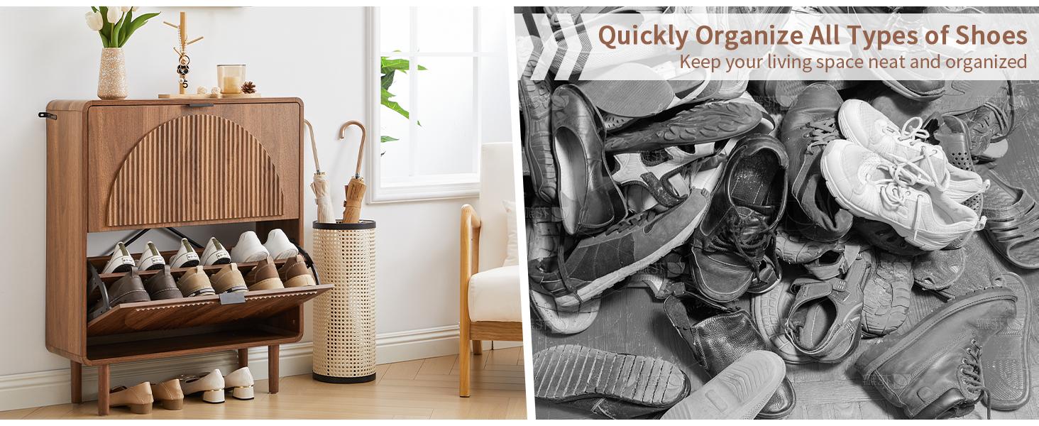 Giratree Modern Wooden Shoe Cabinet for Entryway, Slim 2-Tier Flip Drawers with Hidden Storage, Freestanding Narrow Shoe Organizer, Elegant Half-Moon Fluted Design, Perfect for Hallway or Small Apartments