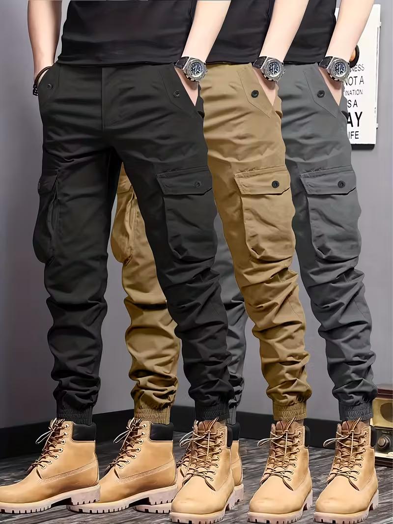 Men’s lightweight cargo pants for spring/summer/autumn — outdoor long pants with multiple pockets, featuring a belt loop closure and a no-zip, non-stretch design; suitable for work (solid color); machine washable.