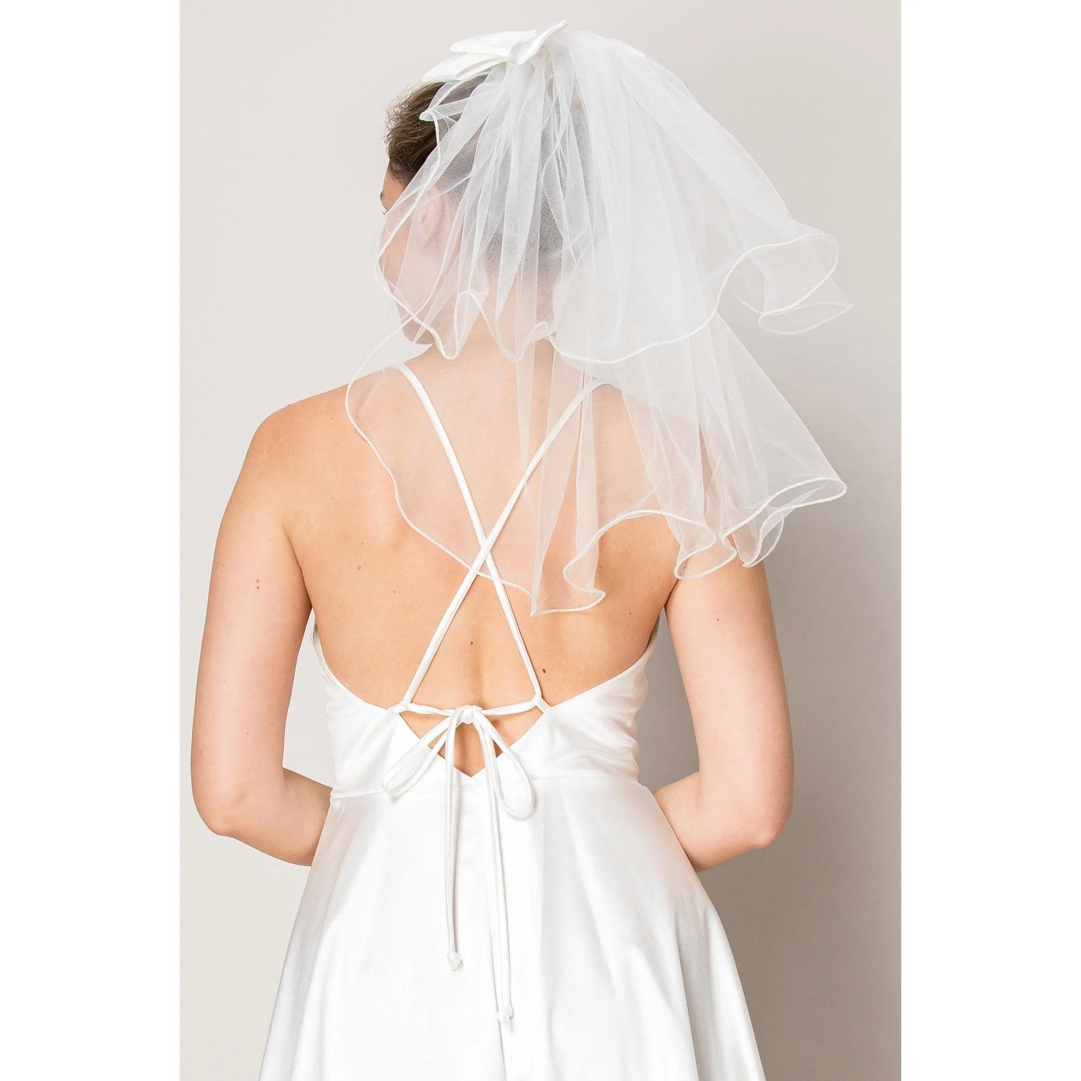 Naomi White Two Layer Shoulder Length Satin Bow Wedding Veil