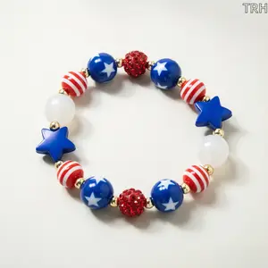 USA Flag Beaded Stretch Bracelet & Necklace Set, Red White Stripes Blue Star Elastic Jewelry, Patriotic Dainty Stackable Accessory for Daily Outfit & Holiday Party