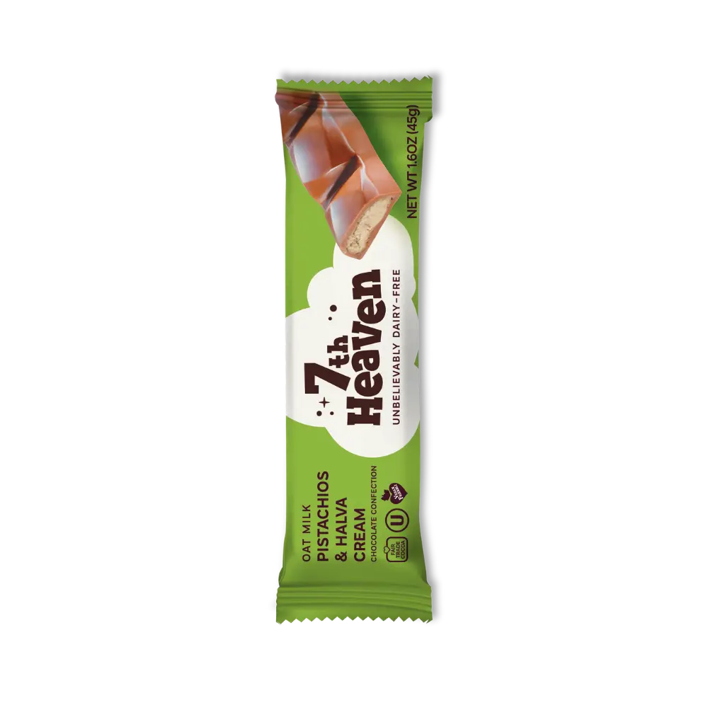 7th Heaven Pistachio & Halva Cream Vegan Snack with Buttery Cream Nutty Sesame Sweet Halva in Oat Milk Chocolate