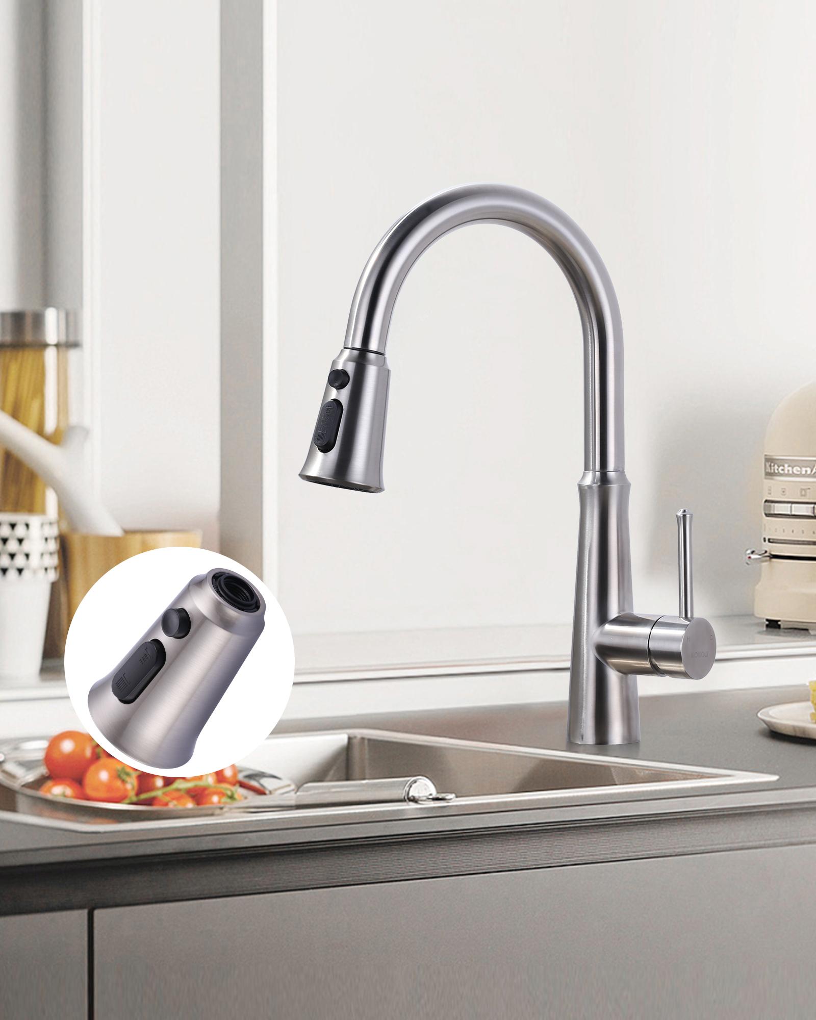 WOWOW Kitchen Faucet Head Replacement, 3 Function Pull Down Faucet Sprayer Head with 9 Adapters, Brushed Nickel Kitchen Sprayer Nozzle Compatible with Moen, Delta, Kohler Faucets