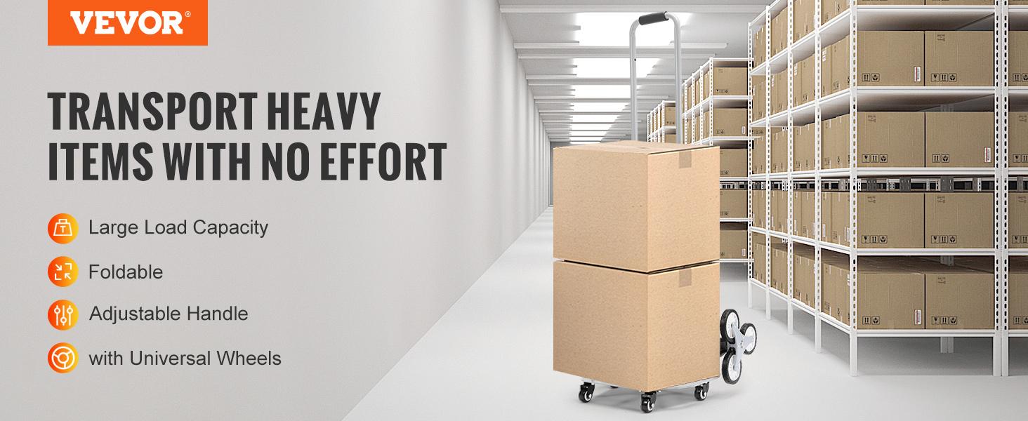 VEVOR Stair Climbing Cart, TikTokShopBlackFriday, Max. 550 lbs Load Capacity, Foldable Hand Truck with 32.3-45.7 inch Adjustable Handle Height, 4 Universal Wheels & 2 Elastic Ropes, Multipurpose Dolly for Warehouse Shopping