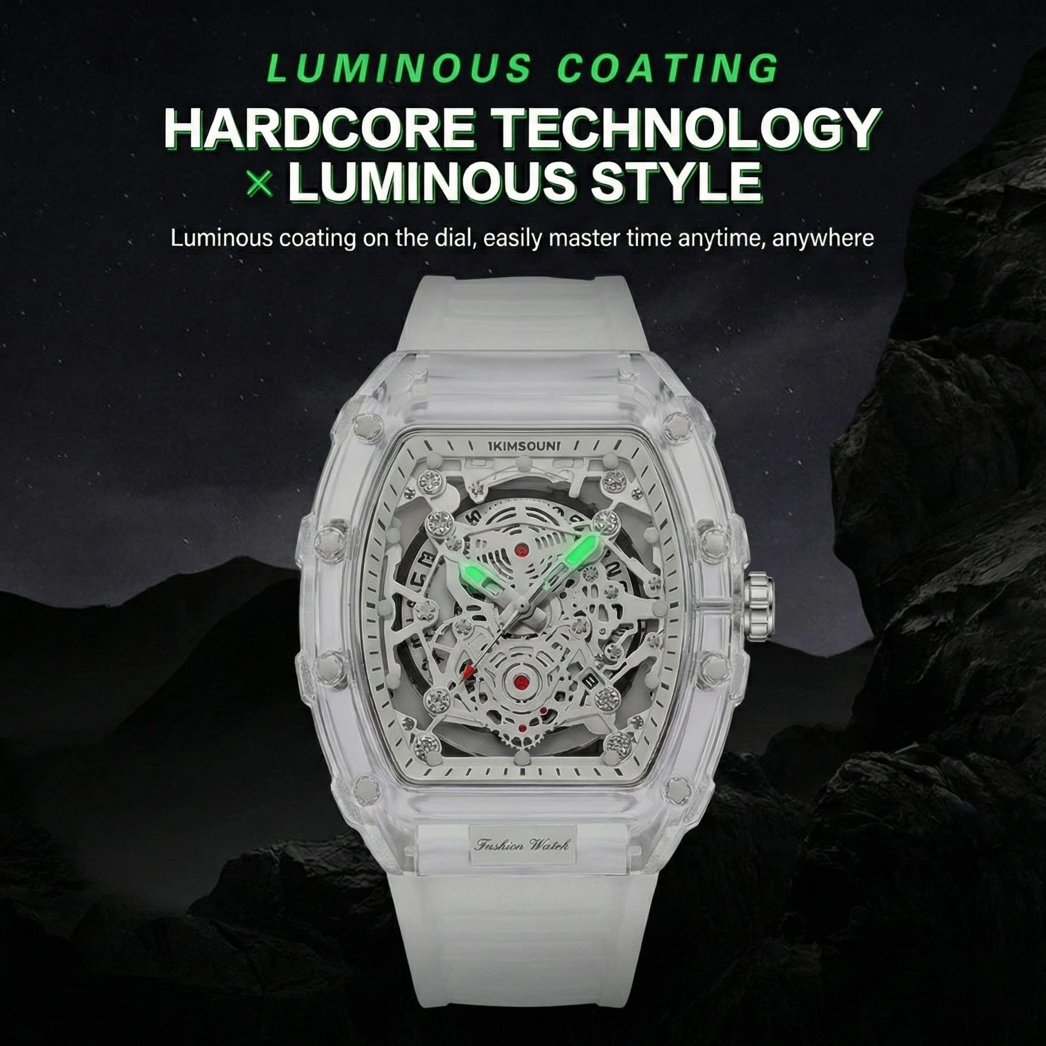 Men's Luxury Transparent Waterproof Barrel-Shaped Tonneau Skeleton Quartz Watch with Calendar Display Luminous Markers Water Resistant Wristwatch for Daily Party Outdoor Use Great Birthday Gift Idea with Tin Box Included & Bracelet