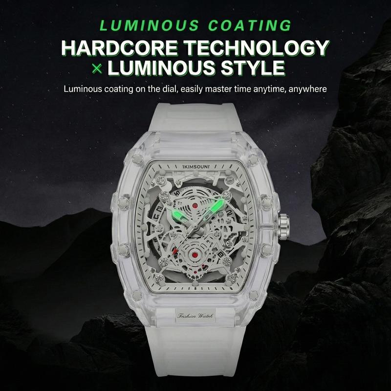 Men's Luxury Transparent Waterproof Barrel-Shaped Tonneau Skeleton Quartz Watch with Calendar Display & Luminous Markers Water Resistant Wristwatch for Daily Party & Outdoor Use Great Birthday Gift Idea with Tin Box Included