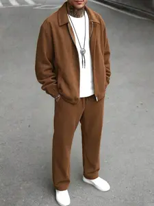 Men's solid-color corduroy jacket trousers set, comfortable and wear-resistant fabric, drawstring waist, American retro style, light social fit for daily wear, fashionable and practical, suitable for daily wear and commute, casual sports jacket set