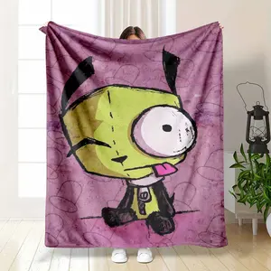 Invader Zim Gir Flannel Blanket Cute Green Robot Cartoon Character Art Print Soft Warm Cozy Lightweight Throw Ideal for Sofa Bedroom Office Travel Gift Decor Use