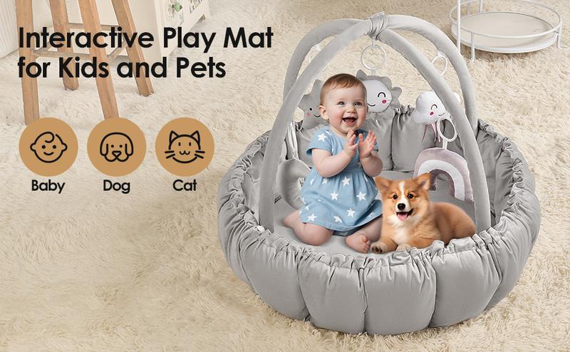 5-in-1 Convertible Baby Gym Play Mat with Hanging Toys, Soft Padded Baby Lounger & Ball Pit, Plush Tummy Time Mat for Newborns to Toddlers, Machine Washable, Gray/pink