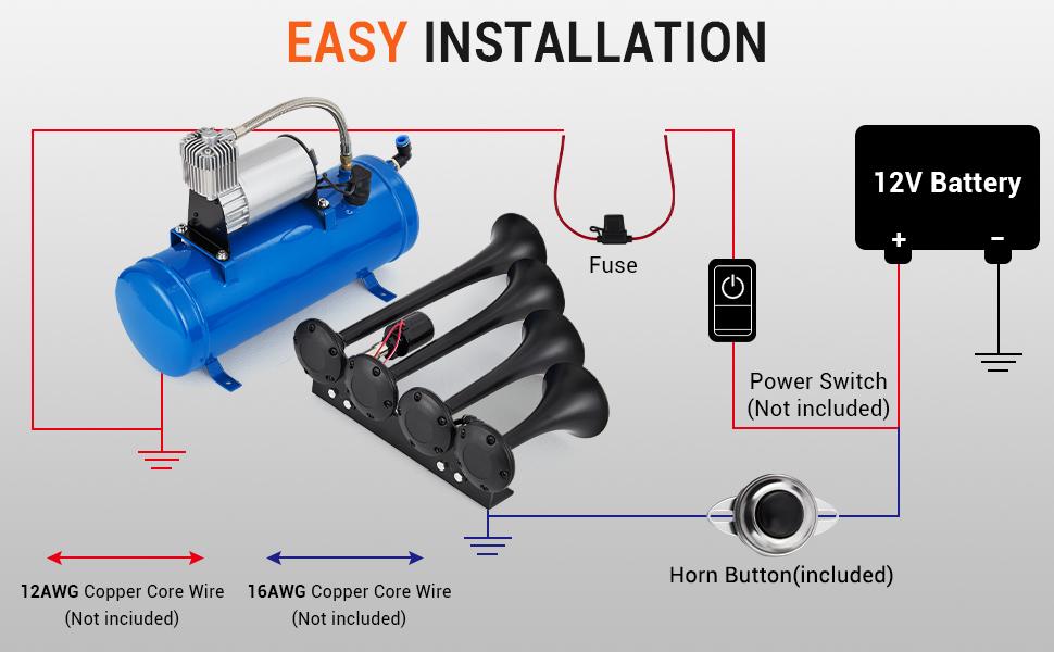 【GARVEE】4 Trumpets Train Horns Kit with 150DB Sound, Available with 1 or 1.6 Gallon Tank, 120-150 PSI Air Compressor, 12V Power for Trucks, Cars, Motorcycles, SUVs, RVs, Vans, Boats, and More