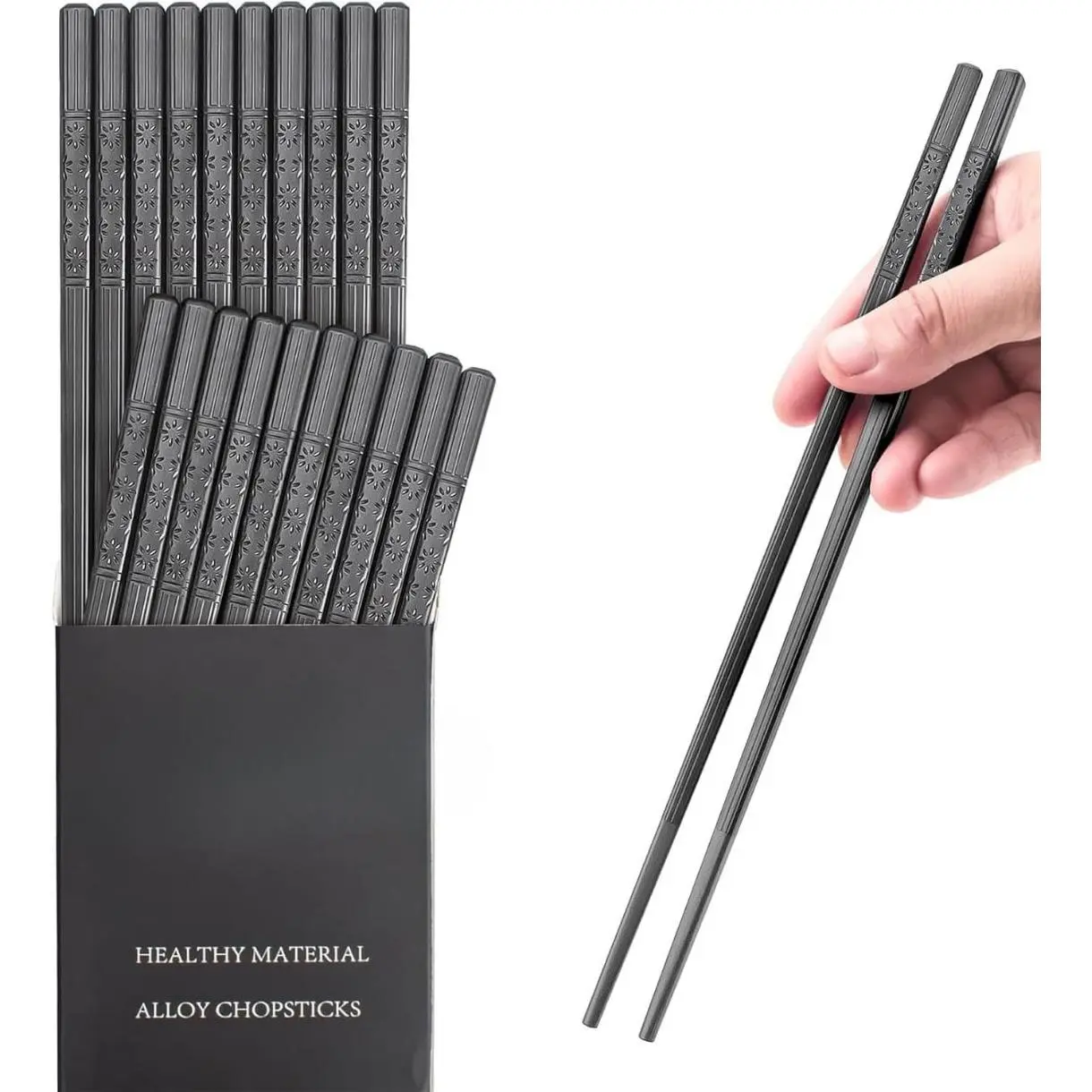 [New Deal] 10 Pairs Chopsticks  Reusable Fiberglass Alloy Chopstick Set, Dishwasher Safe (Pure Black) (A) Cutlery Tableware Utensils Sturdy, Birthday, Serving