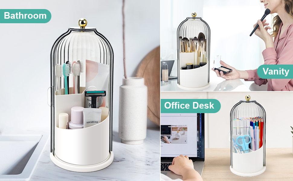 TikTok Viral Bathroom Organizer with Sliding Lid Christmas Gift Idea, Rotating Toothbrush Holder with Sliding Lid 3 Slots, Bathroom Counter Organizer for Makeup Brushes and Toothbrush, No-Drill Bathroom Storage, Water-Resistant Organizer, Home Must-Have