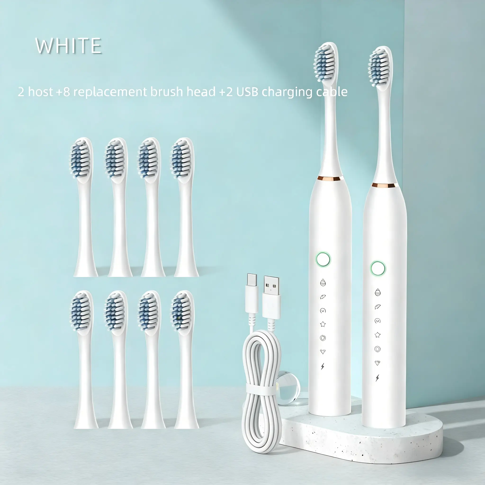 12PCS Sonic Electric Toothbrush Set for Adults, 2 Rechargeable Toothbrush Handles with 8 Replacement Brush Heads & 2 USB Charging Cables, 6 Cleaning Modes Toothbrush for Deep Teeth Cleaning
