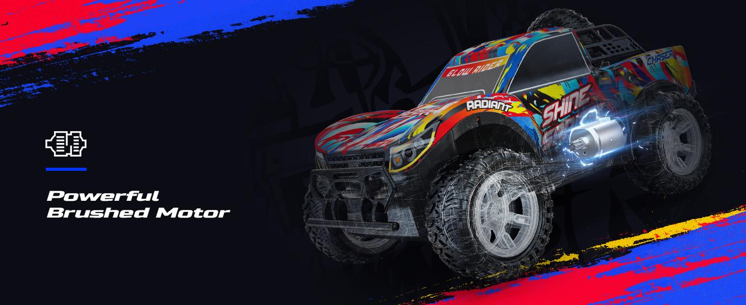 DEERC RC Monster Truck Gift, Remote Control Drift Car with Spray, Lights & Music, 2.4GHz All Terrain Stunt Truck with 40 Mins Playtime, 2 Batteries