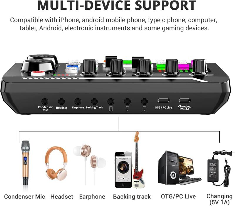 Professional Audio Mixer, SINWE Live Sound Card and Audio Interface with DJ Mixer Effects and Voice Changer,Podcast Production Studio Equipment, Prefect for Streaming/Podcasting/Gaming