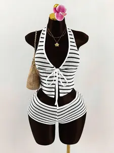 Amplova 2pcs/Set Deep V Halter Tie Front Mini Shorts, Striped