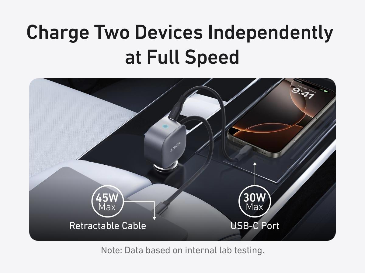 Anker USB-C Car Charger, 75W Max Fast Charging, Sleek and Compact Design with Retractable Cable, for iPhone 17 / 16 / 15 Series, Samsung S24 / S23, MacBook, and More
