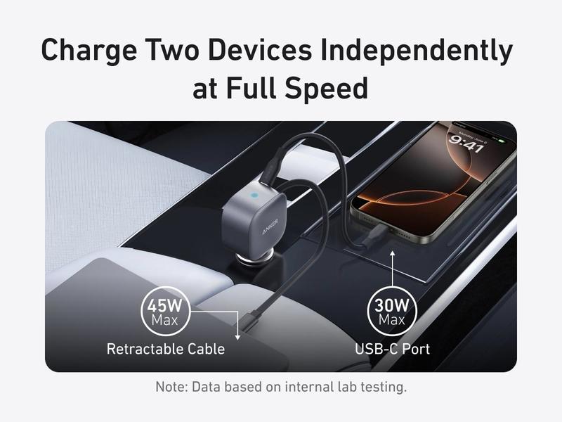 Anker USB-C Car Charger, 75W Max Fast Charging, Sleek and Compact Design with Retractable Cable, for iPhone 17 / 16 / 15 Series, Samsung S24 / S23, MacBook, and More
