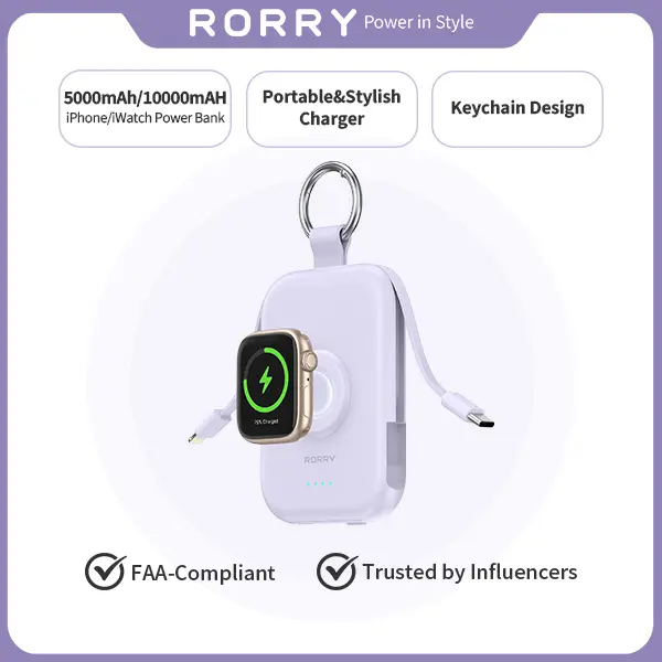 RORRY CharmGo 5000mAh Portable Charger Power Bank, Smart Mobile Power with Type-C Cable Keychain, Compact Mini Travel Essential Gift for Mobile Devices, Efficient Charging Accessories,summerwins backtoschool