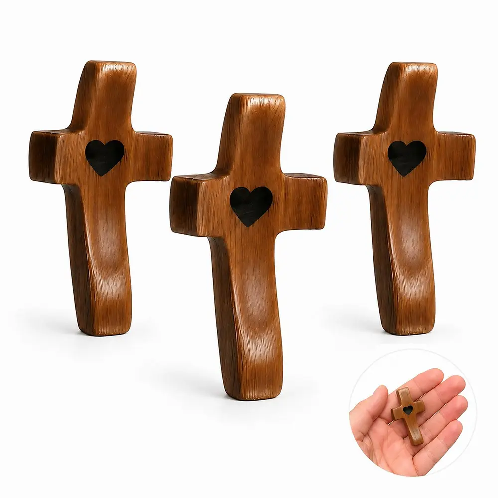 Natural Wood Handheld Prayer Cross - Christian Religious Gift, Small Pocket Palm Comfort Cross with Heart Cutout Center for Daily Worship, Meditation