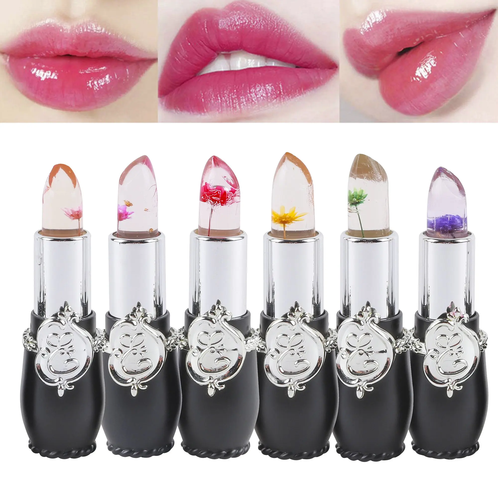 6PCS Crystal Flower Jelly Lipstick Set - Magic pH Temperature Color Changing Lip Balm with Real Dried Flowers, Long-Lasting Hydrating Gloss Kit