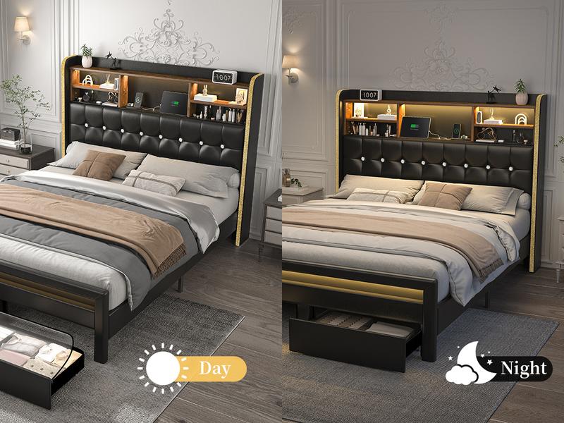 California King Bed Frame with Bookcase Storage Headboard and 2 Drawers, 52" Ultra-High LED Bedframe with Charging Station, Linen Upholstered Crystal Button Tufted Wingback Beds with Footboard,Black/White/Cream/Gray