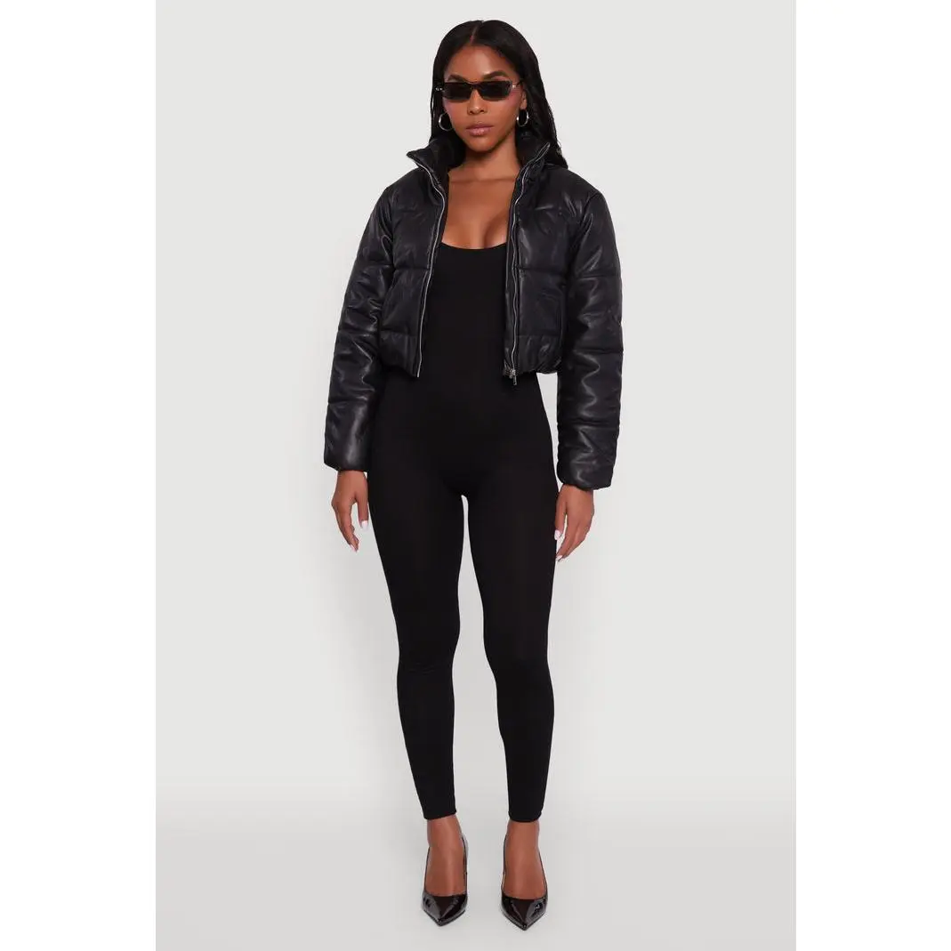 Cropped Faux Leather Puffer Jacket
