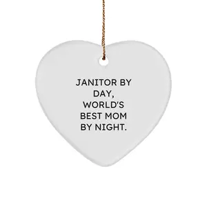 Janitor Gifts, Funny Heart Ornament, 'Janitor By Day, World's Best Mom By Night' Quote, Christmas Unique Gifts from Family to Janitor