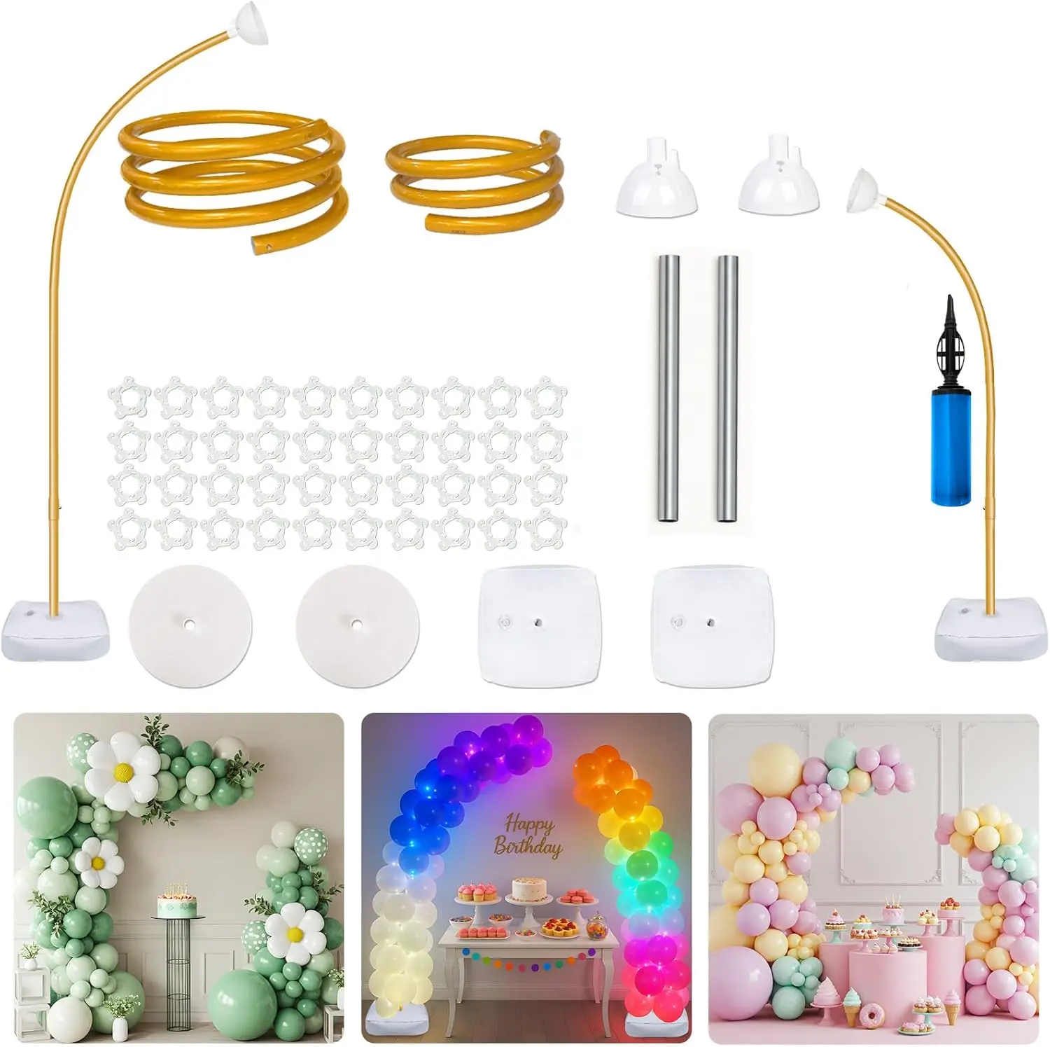 Adjustable Size Half Arch Plain Balloon Kit - 8.2FT-4.9FT Flexible Free-Bending Frame with Base Floor Gold Balloon Stand for Party Decor, Wedding Events