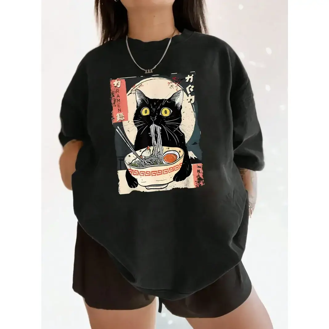 Women's Cat & Ramen Noodles Print Round Neck Tee, Fashion Casual Printed Crew Neck Short Sleeve T-Shirt for Daily Holiday Vacation Outdoor Wear, Ladies Clothes for Summer