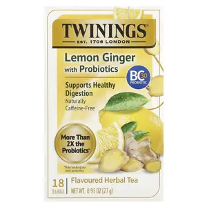 Twinings Flavored Herbal Tea, Lemon Ginger With Probiotics, Caffeine-Free, 18 Tea Bags, 0.95 oz (27 g)