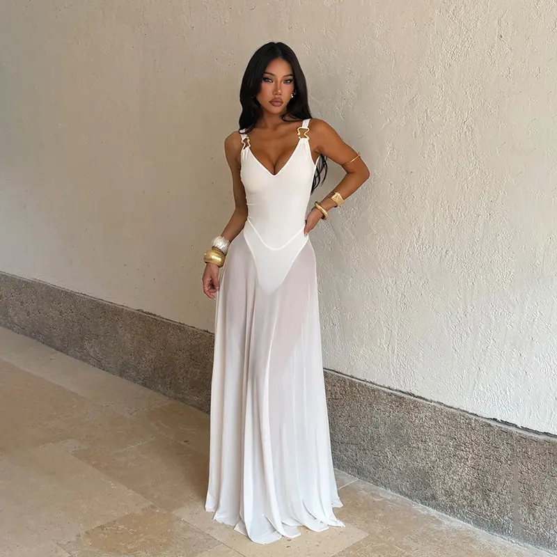 JY24612PFO Women's Casual Minimalist Plain Polyester Sleeveless V-Neck A-Line Maxi Dress - Mesh Design, Sheer Lower Panel, Hip-Flattering Straps for Lady Elegant Holiday Going Out, Tropical Beach Vacation Wear