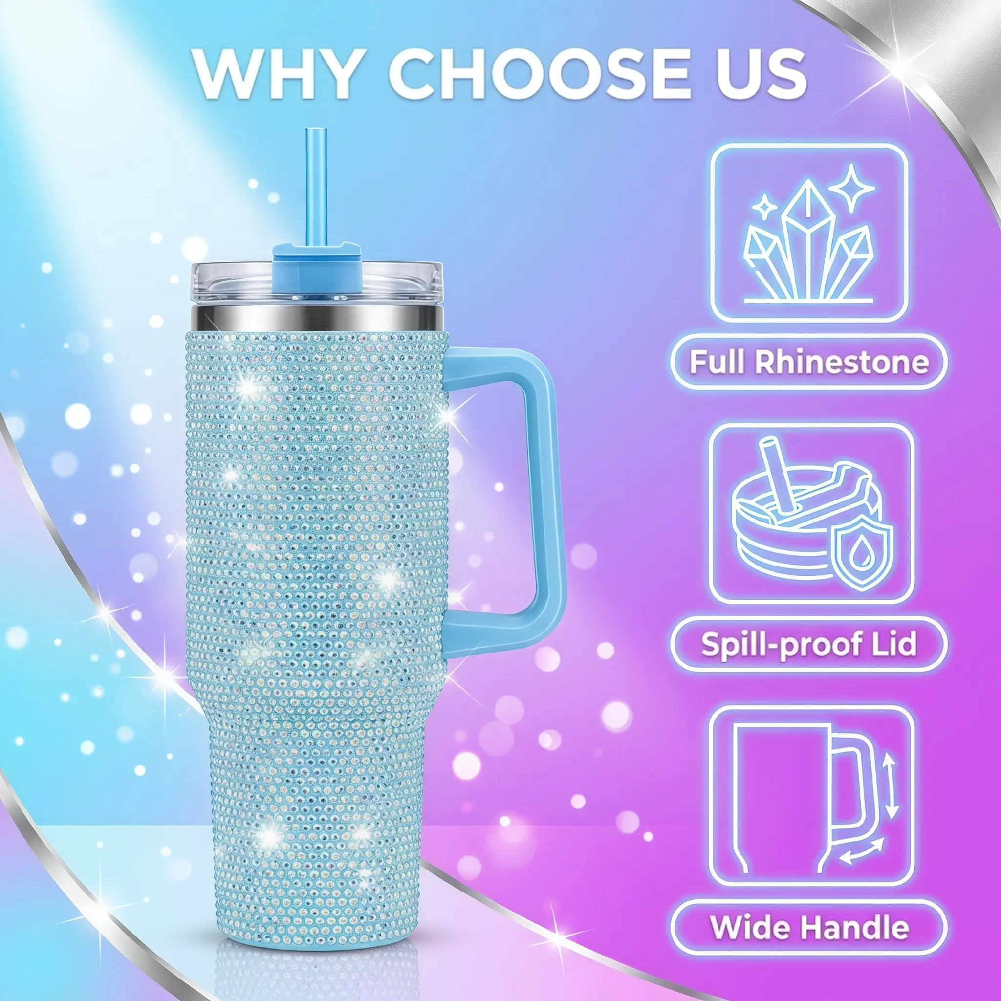 40 oz Bling Rhinestone Tumbler with Handle and Straw, Blue | Glitter Stainless Steel Insulated Water Bottle,Keeps Cold 12H Hot 6H, Sparkle diamond Cup, Gift for women