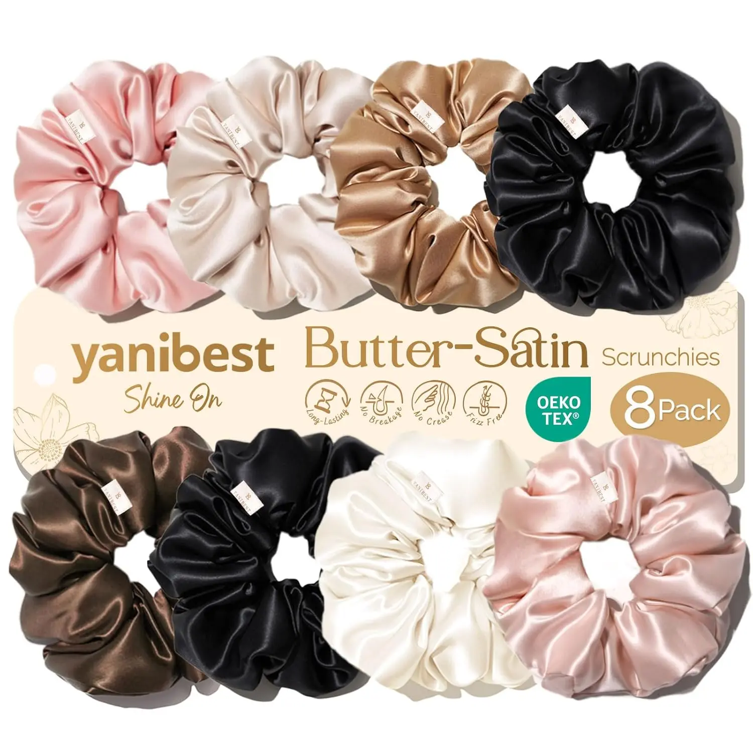 Yanibest 8 Pcs Basic Printed Satin Scrunchies - Silk-Feeling Scrunchie Shape Hair Ties, Frizz-Free No-Damage Ponytail Holders, Women's Hair Accessories for Workout, Home, Sleep
