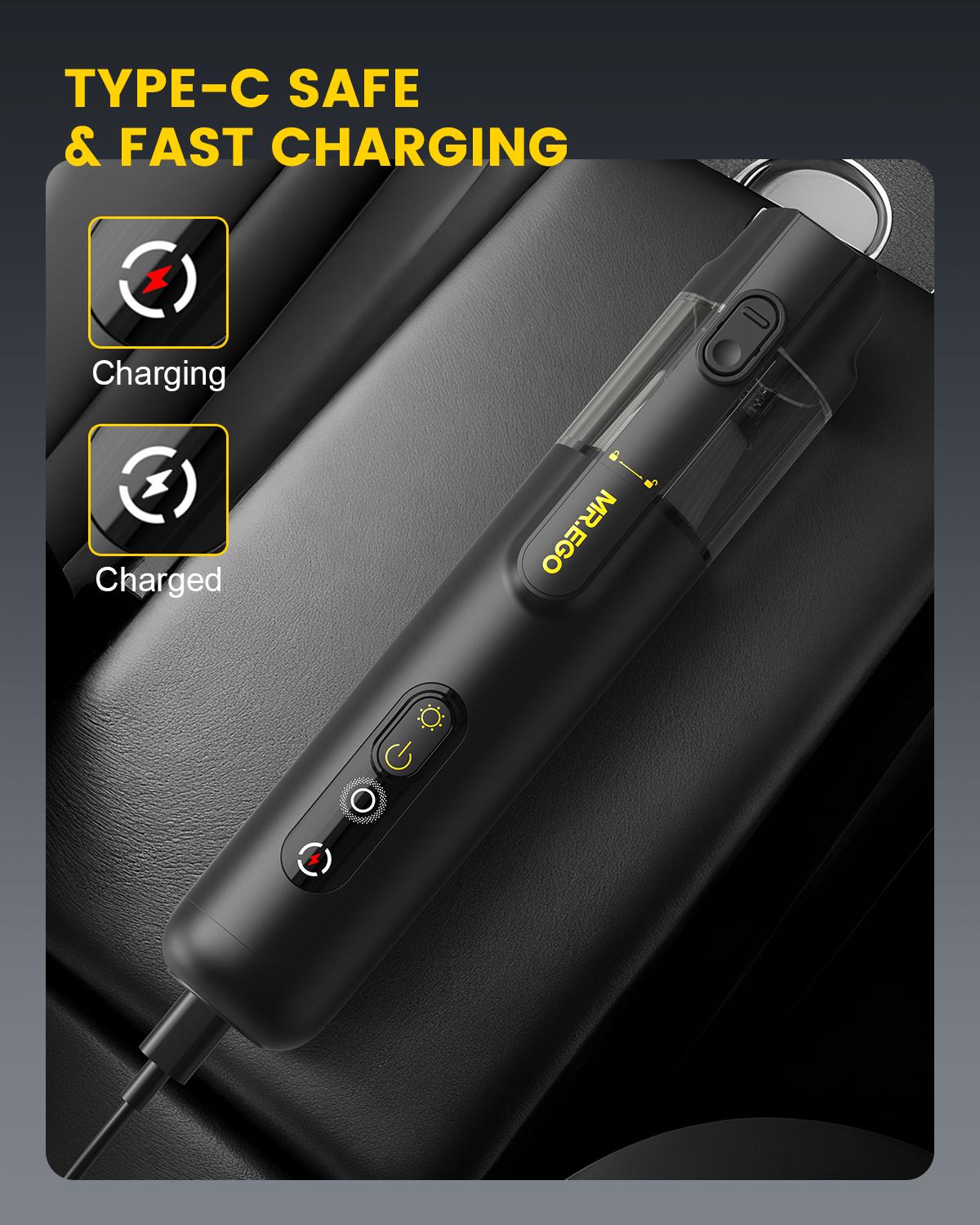 MR.EGO 20000Pa, Car Vacuum Portable Cordless, 4-in-1 Mini Vacuum Cleaner with 20,000Pa Powerful Suction, Green LED Light, Type-C Charging, 2 Suction Modes, Ultra-Light for Car, Home, Desk, Keyboards (Black)