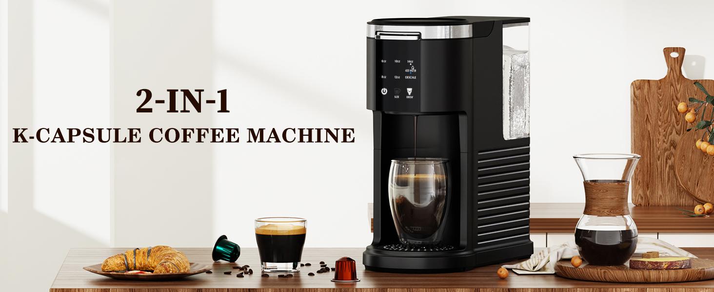 Coffee Machine K-Cup Pods & Ground Coffee Maker, Latte and Cappuccino Maker, 5 Brew Sizes Up To 14 Oz, with 40oz Removable Water Tank, Self-cleaning Function, Black