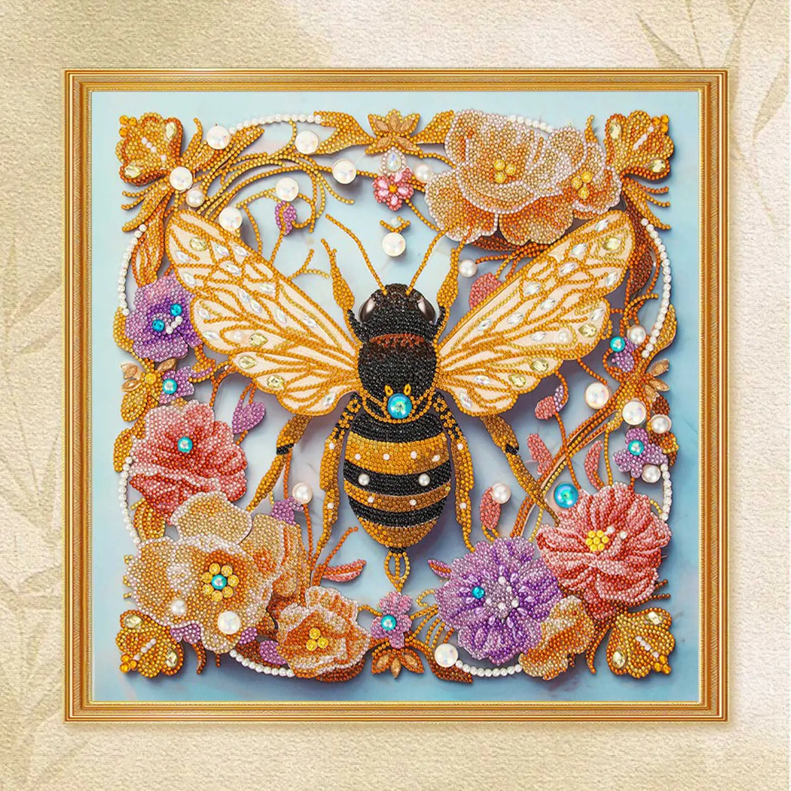 【NO Box】DT Luxury Full Drill Bee & Floral Diamond Painting Kit, Hand-Embroidered Rhinestone Art with Golden Accents & Pearls, 18x18in Adults' DIY Needlework Wall Decor, Perfect Gift with Artistic Touch for Art Enthusiasts, 18 X 18 Inches, Home Decor, Offi