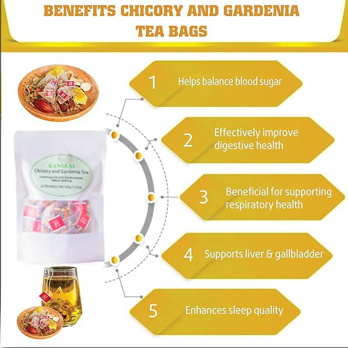 Kanglai Chicory & Gardenia Herbal  Tea Mix with Cooling Relief - Supports Healthy Blood Sugar, Digestion, Weight & Sleep, Natural Sugar-Free Blend, Vegan & Caffeine-Free, 12 Tea Bags natural ingredient  herbal drinks