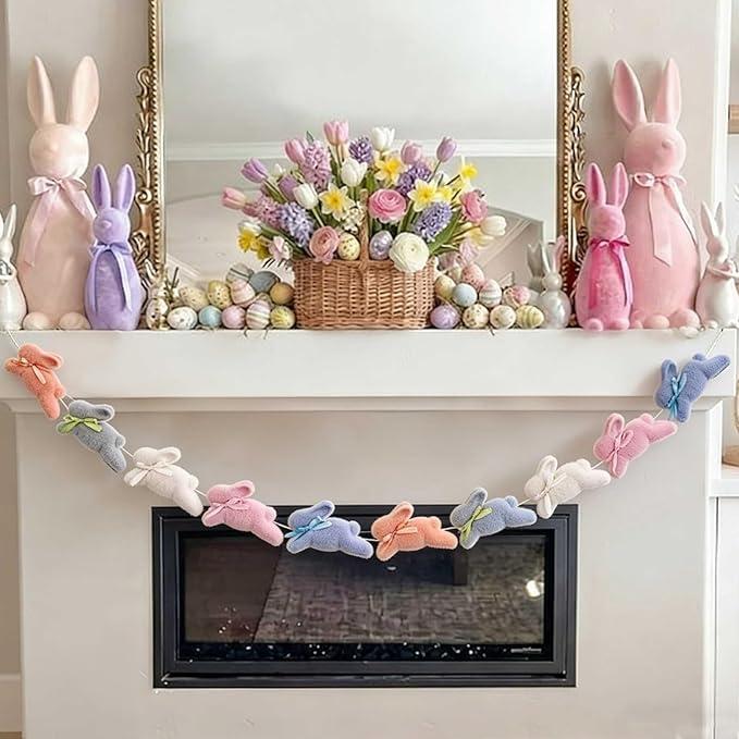 Easter Bunny Garland Banner with Wood Beads for Easter Decor, Rustic Rabbits Hanging Garland for Mantle Fireplace Shelf Wall Display Spring Home Decor, Shamrock Garland for St. Patrick's Day Luck Of The Irish Green Decor, Indoor Party Supplies & Gifts