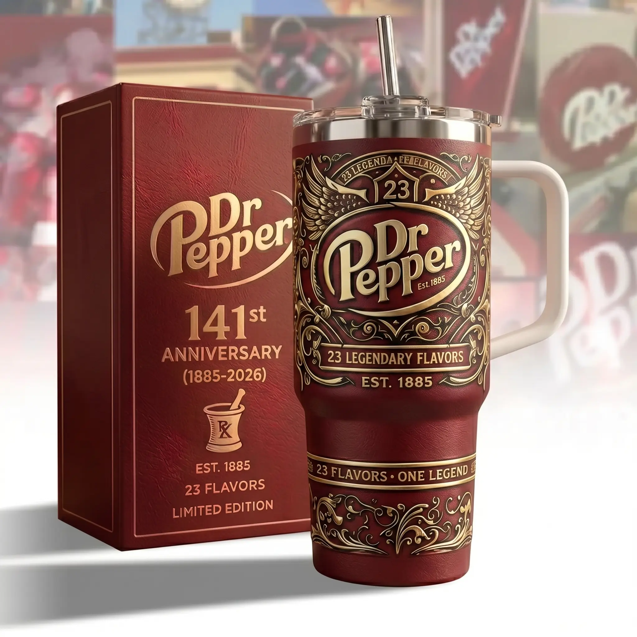 Docter Pepper 141st  Anniversary Tumbler 40oz With Handle & Straw, Limited Edition 1885-2026 Collector Cup, Retro Soda Fan Gift, Vintage Dr Pepper Drinkware, 23 Flavors Stainless Steel Travel Mug, Insulated Beverage Tumbler