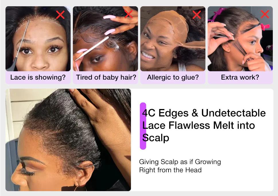 【4c Kinky Straight】Glueless 4C Kinky Edge Hairline Kinky Straight Human Hair Wigs Pre Cut Lace 8x5 13x4 360 HD Lace Frontal Wigs 250% Density #TikTokShopBlackFriday