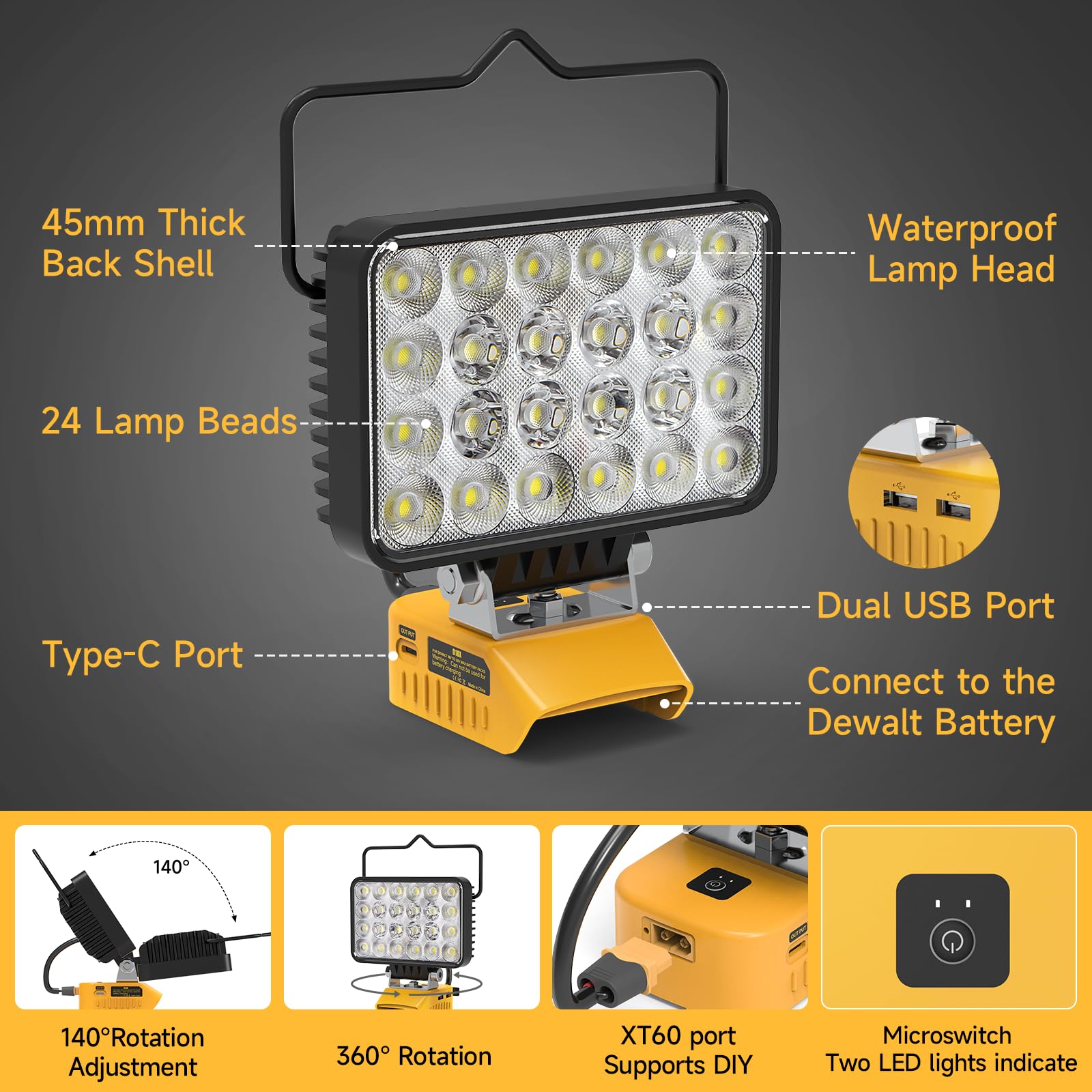 Azocek New Upgrade LED Work Light Compatible with Dewalt 20V Battery, 72W 7200LM Flashlight, 20V Battery Cordless Work Light with Low Voltage Protection & Dual USB & Type-C Charging Port Azocek New Upgrade LED Work Light Compatible with Dewalt 20V Battery, 72W 7200LM Flashlight, 20V Battery Cordless Work Light with Low Voltage Protection & Dual USB & Type-C Charging Port