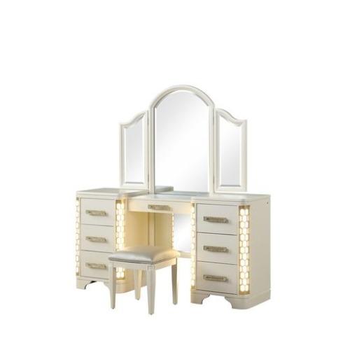 Bellemave JASMINE Queen 4-Pc LED Wood Vanity Set - Beige Indoor Furniture with Vanity, Dresser, Nightstand, Headboard, LED-Light for Bedroom Decor, Dorm Essentials