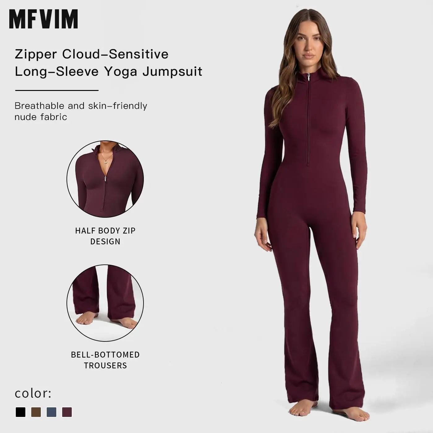Women's Solid Athletic Jumpsuit, Long Sleeve Half-Zip Mock Neck with Skinny Fit and Flared Leg, Stretch Spandex Yoga Wear, Fitness Sport Outfits, Women's Jumpsuits, Yoga Activewear Jumpsuit, Sportswear Jumpsuits