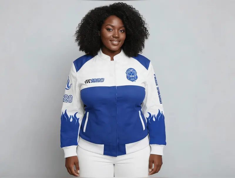 Zeta Phi Beta Flame Race Jacket - Women's Royal Blue & White Varsity Bomber with Embroidered Logo & Flame Graphics