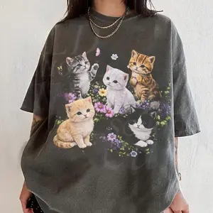 Cute Kitten Graphic T-Shirt, Vintage Cat Lover Tee, Comfort Colors T-Shirts, Retro Floral Kitty Top, Aesthetic Cottagecore Gift